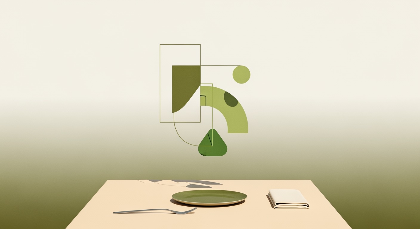 An editorial illustration of a single restaurant table set against a soft gradient backdrop, a stylised abstract floating element suggesting algorithmic suggestion, no faces, calm composition