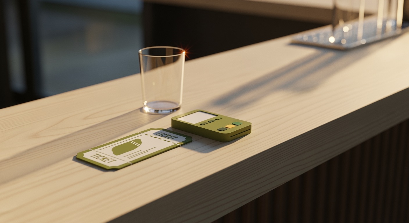 An editorial illustration of a stylised event ticket lying on a wooden bar counter beside a card reader at dusk, soft warm light