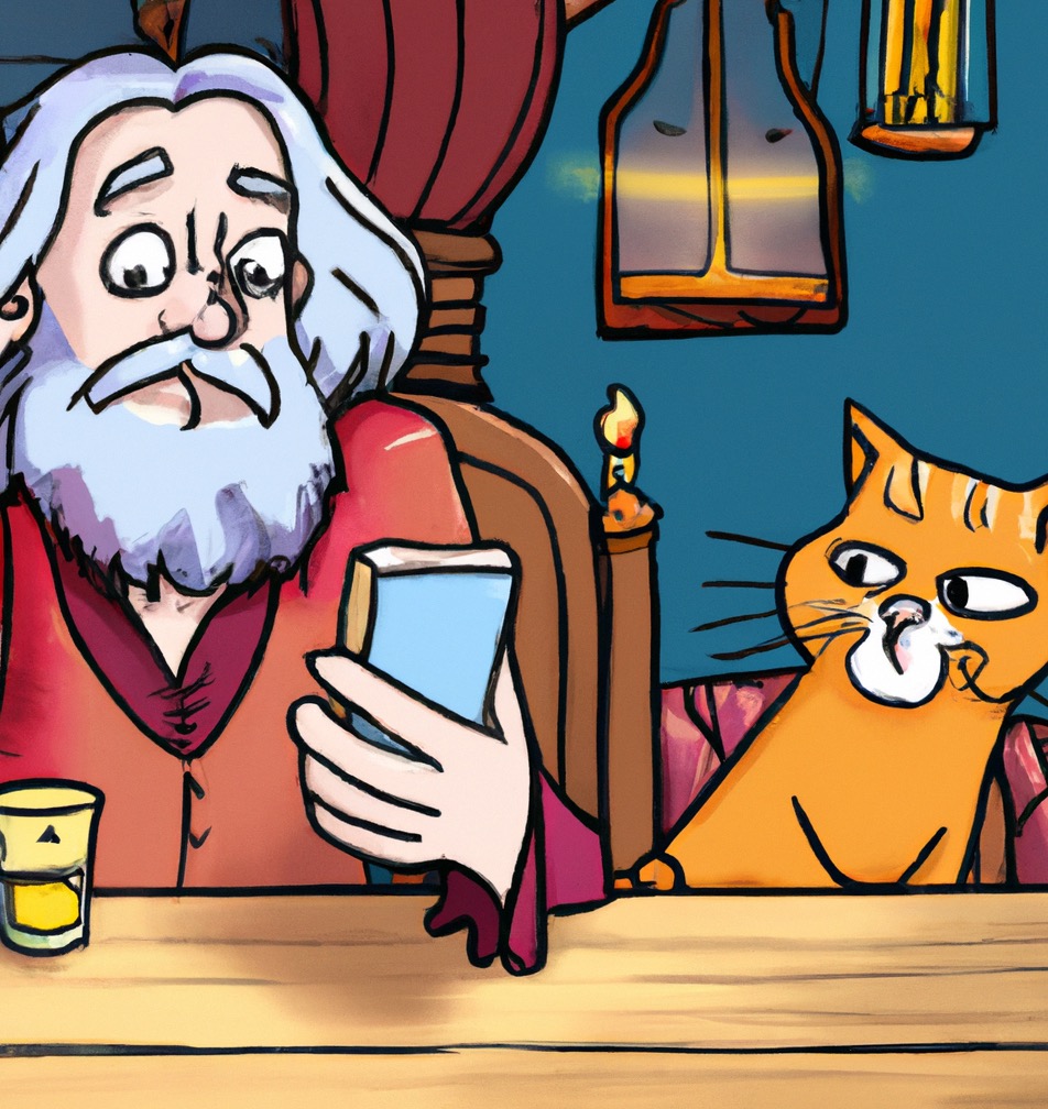 A cartoon of Albus Dumbledore with a mobile phone next to a cat in a bar