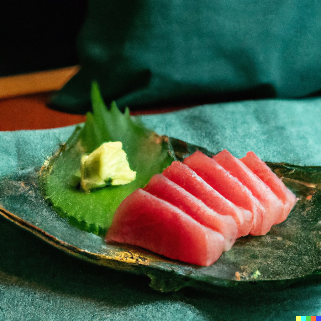 A photo of tuna sashimi on a plate placed on top of a green velvet pillow