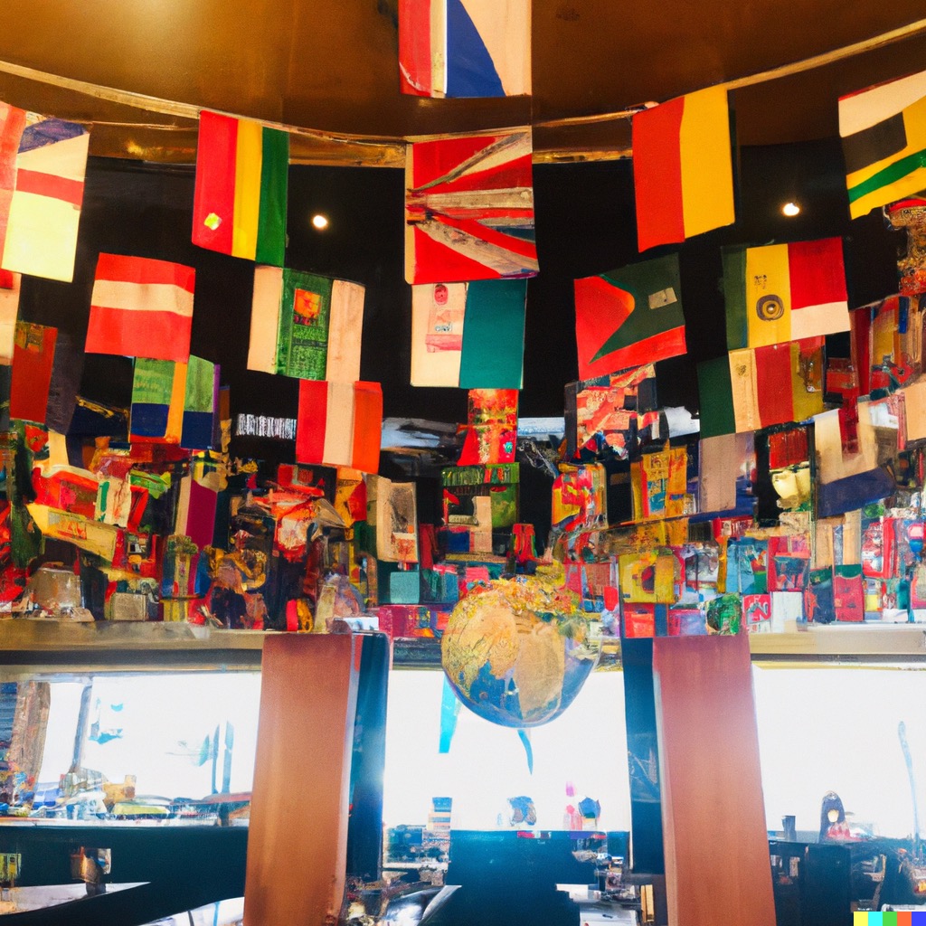 A photo of lots of different flags in a restaurant