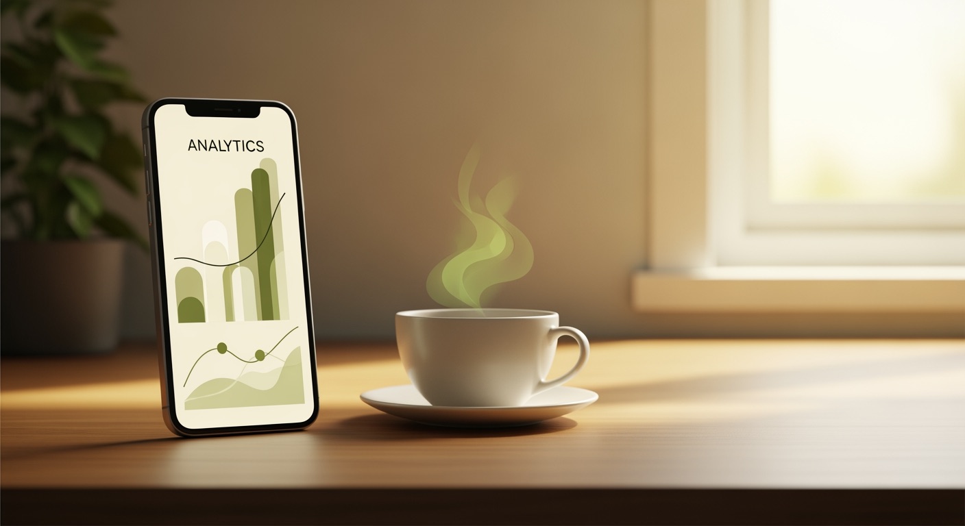 An editorial illustration of a smartphone on a wooden desk showing stylised analytics charts beside a coffee cup, warm window light
