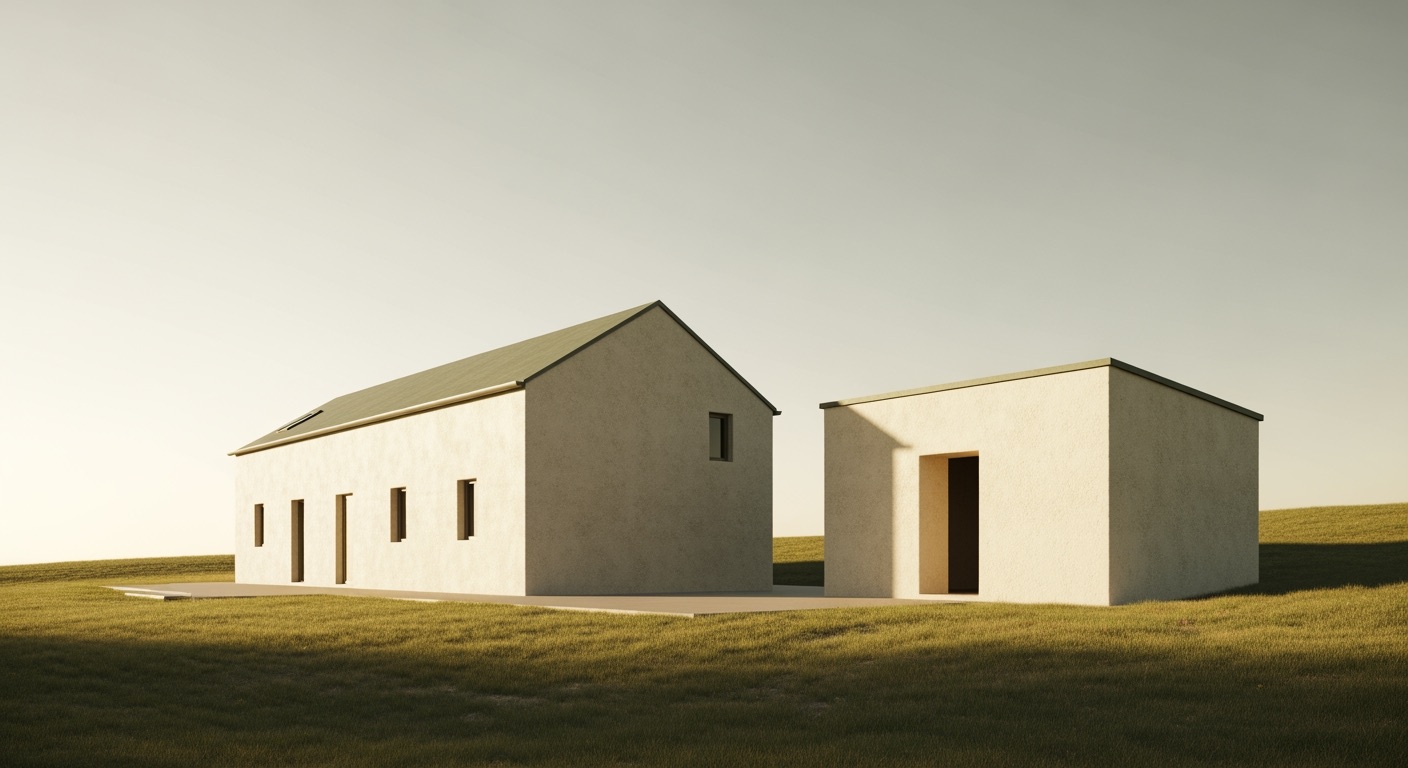 An editorial illustration of a single sturdy building standing in soft afternoon light with a small outbuilding nearby, suggesting one main structure with a purpose-built annex