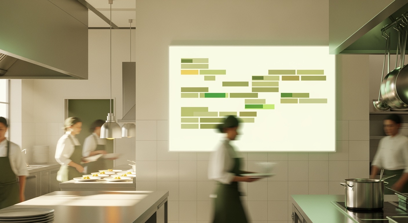 An editorial illustration of a large wall-mounted flat-screen display in a busy restaurant kitchen, showing rows of stylised order tickets in warm ambient light