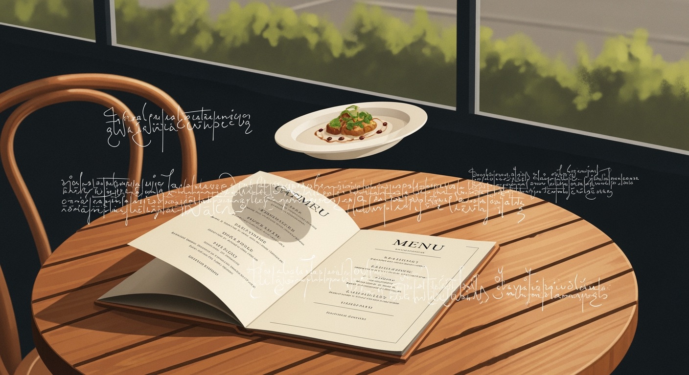 An editorial illustration of a printed menu lying on a wooden bistro table with a single dish illustration above it, glyphs from multiple writing systems flowing softly across the composition