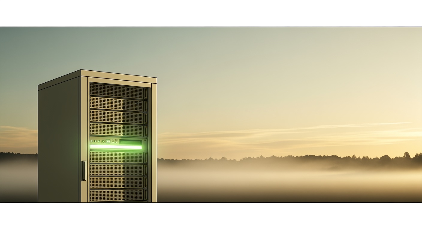 An editorial illustration of a single server rack glowing softly against a clearing dawn sky, mist dissipating