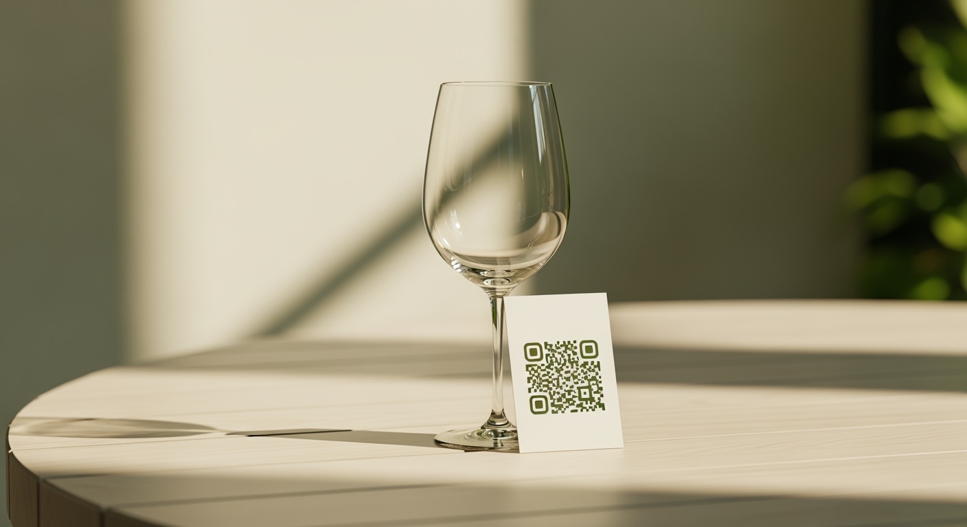 An editorial illustration of a small printed QR-code card resting against a wine glass on a wooden table, soft warm evening light, conceptual minimal composition