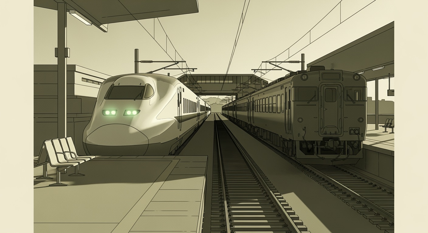 An editorial illustration of a small fast bullet train arriving at a softly-lit station alongside an older slower train at dusk, conceptual representation of a tooling upgrade