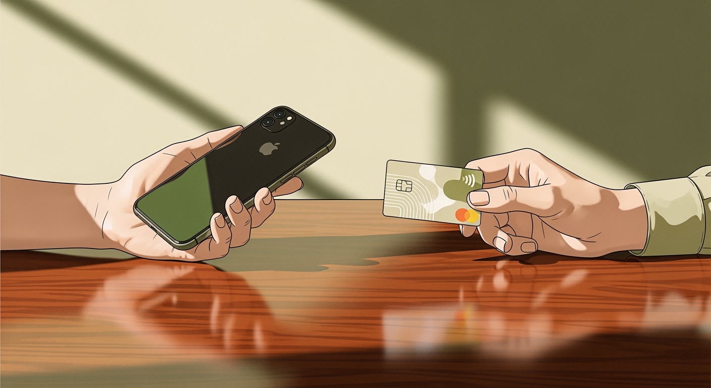An editorial illustration of two hands meeting over a polished wooden bar counter, one holding an iPhone and the other a contactless card, soft warm late-afternoon light